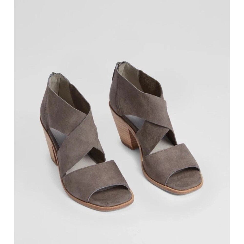 Eileen Fisher Ann Tumbled Nubuck Sandals Brown Heel Strappy 9 Ankle Zipper $245